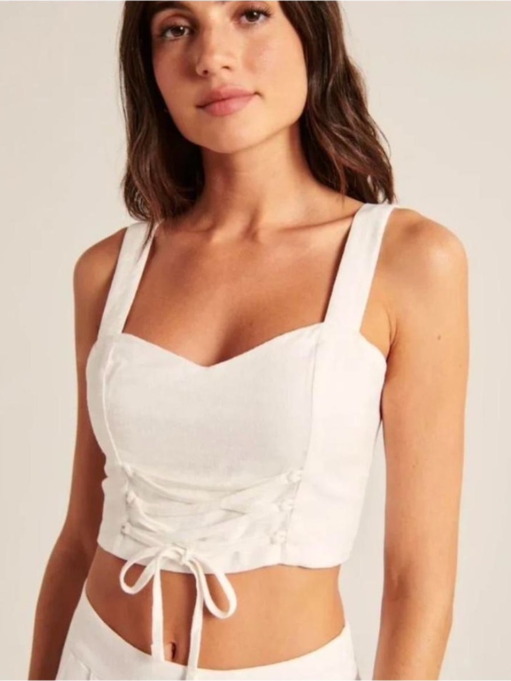 Abercrombie & Fitch White Lace Up Front Linen Blend Crop Tank